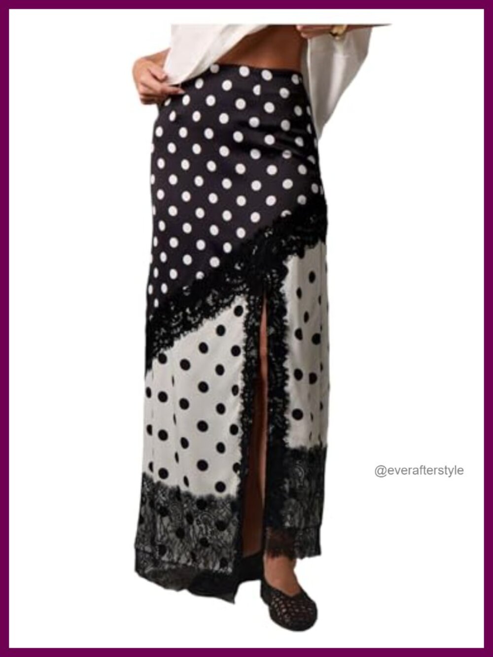 Lace Polka Dot Maxi Skirt High Rise Slit Straight Casual F